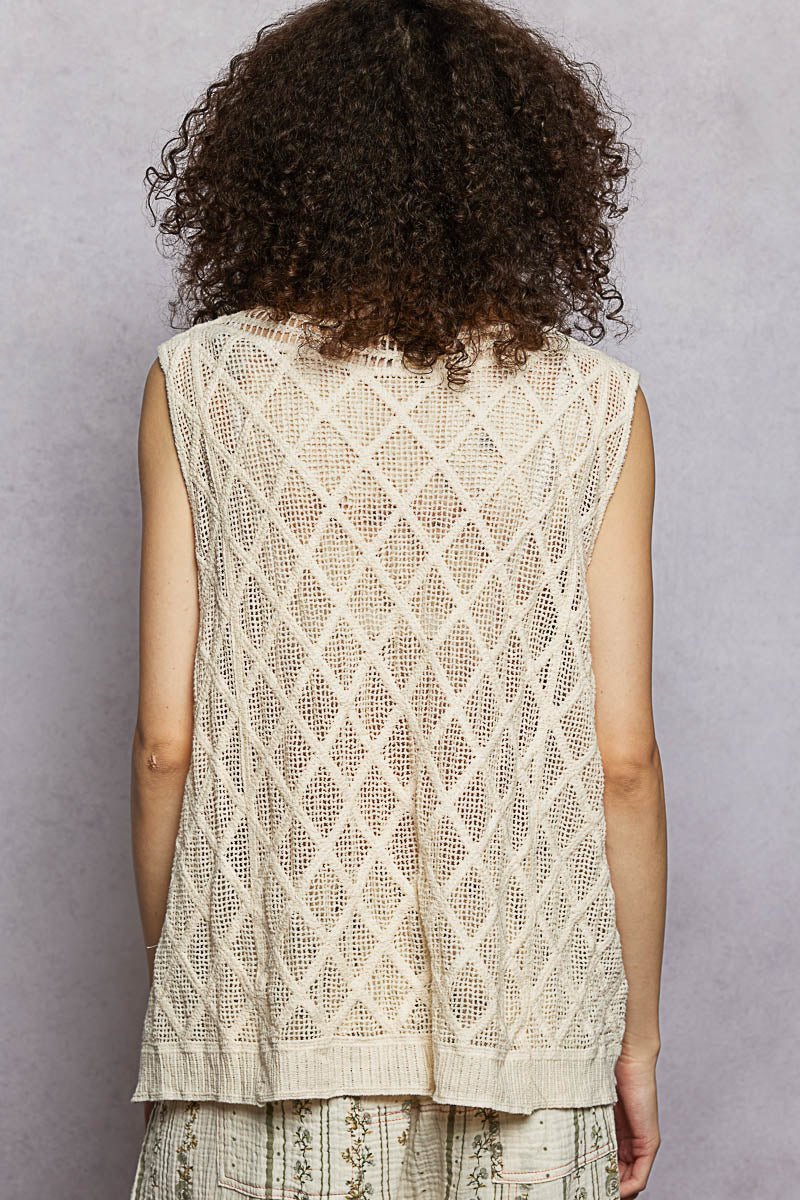 Beige Crochet Tank with Diamond Weave Knit Patterns | Tigbuls
