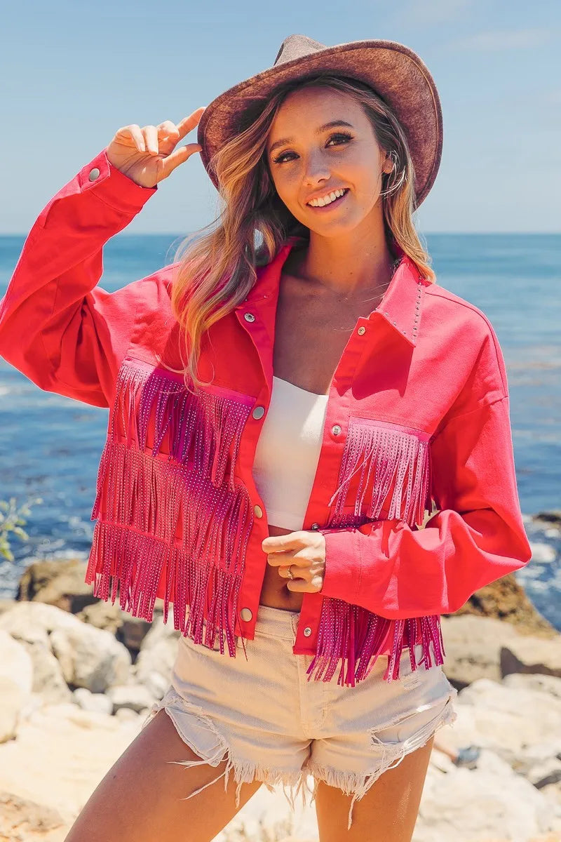 Rhinestone Fringe with Studded Collar Jacket - Tigbul's Variety Fashion Shop