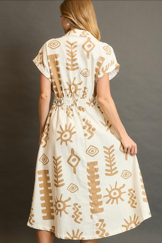 Umgee Full Size Abstract Print Elastic Waist Midi Dress Plus Size - Tigbul's Variety Fashion Shop