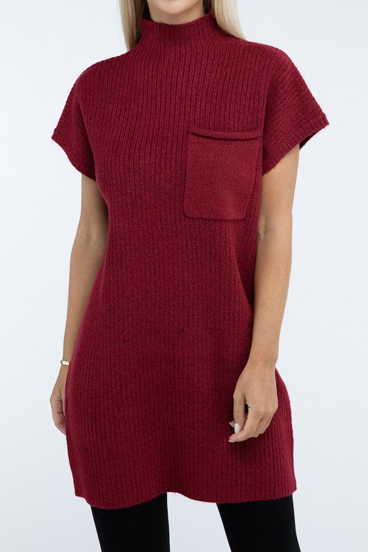 Mock Neck Short Sleeve Sweater Dress with Pocket - Tigbul's Variety Fashion Shop