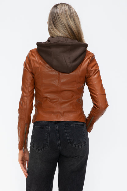 Faux Leather Zip Up Drawstring Hooded Jacket in Camel