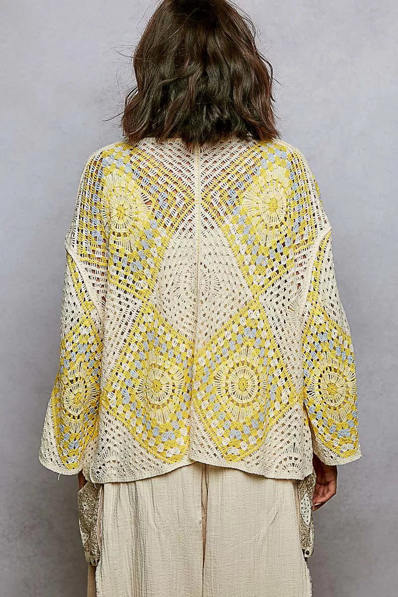 POL Open Front Crochet Cardigan with Granny Square Pattern - Tigbul's Variety Fashion Shop