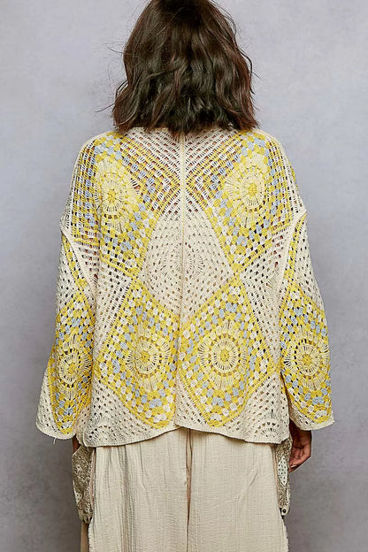 POL Open Front Crochet Cardigan with Granny Square Pattern - Tigbul's Variety Fashion Shop