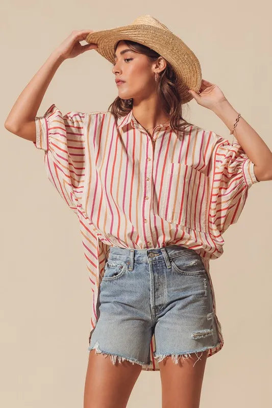 Pink Multicolored Stripe Button Down Shirt - Tigbul's Variety Fashion Shop