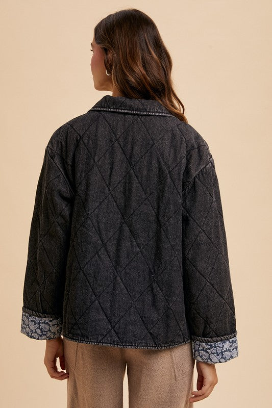 Annie Wear Quilted Printed Lining Snap Down Denim Jacket - Tigbul's Variety Fashion Shop