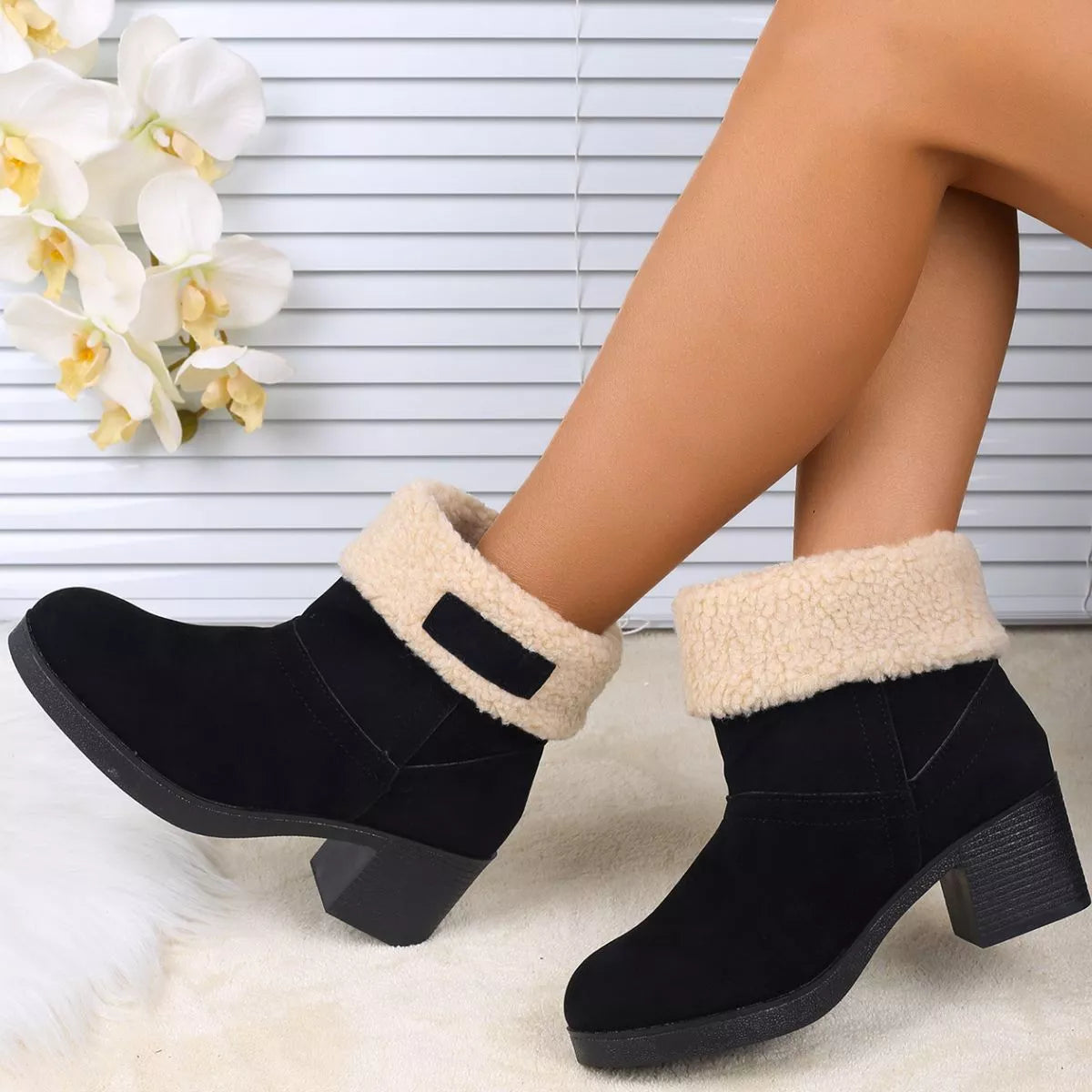 Plush Cuff Block Heel Boots - Tigbul's Variety Fashion Shop
