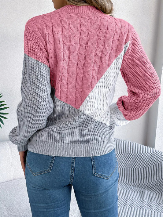 Color Block Cable Knit Long Sleeve Sweater - Tigbul's Variety Fashion Shop