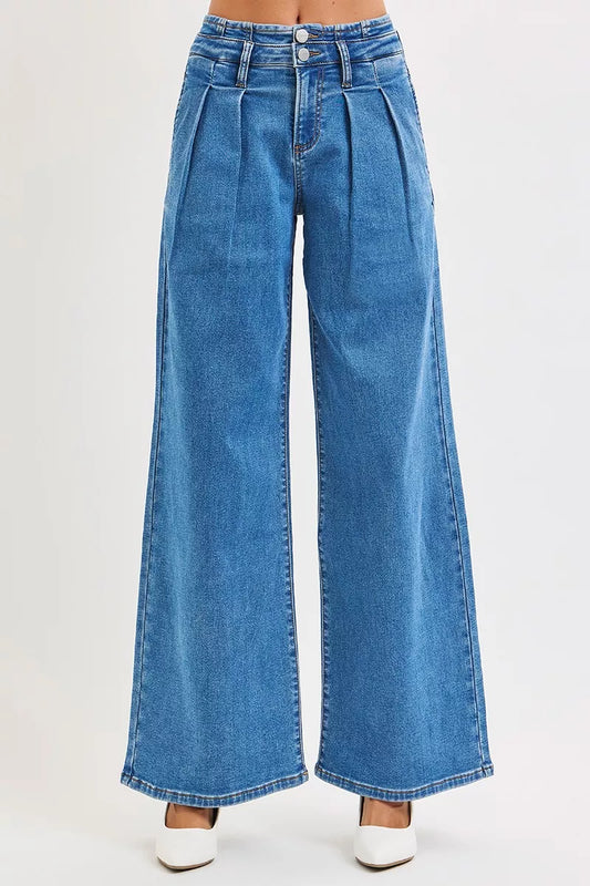 RISEN Full Size Mid Rise Fit Wide Leg with Pleated Detail Jeans Plus Size - Tigbul's Variety Fashion Shop