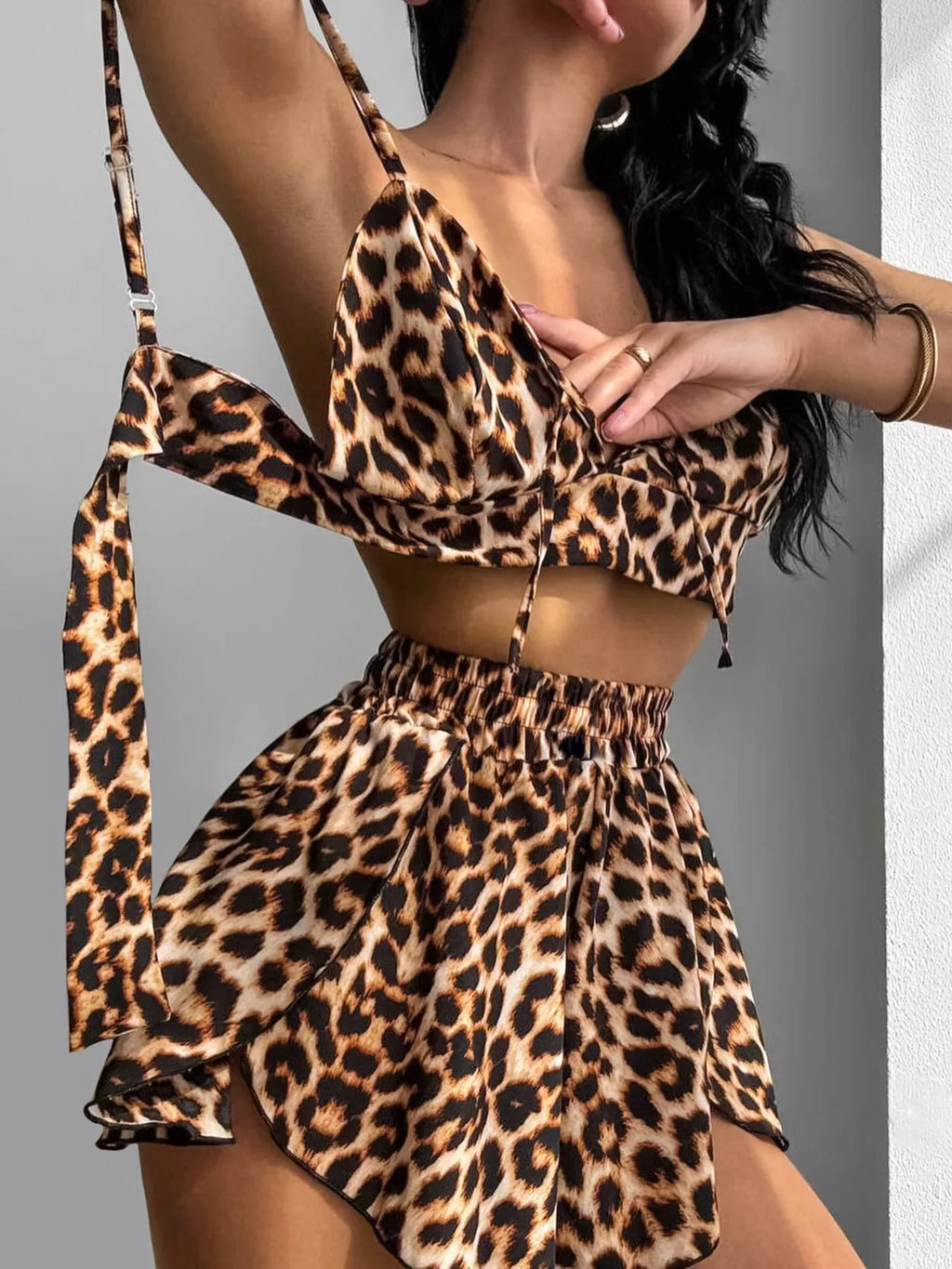 Leopard Cami & Cardigan and Shorts Three-Piece Lounge Set | Tigbuls