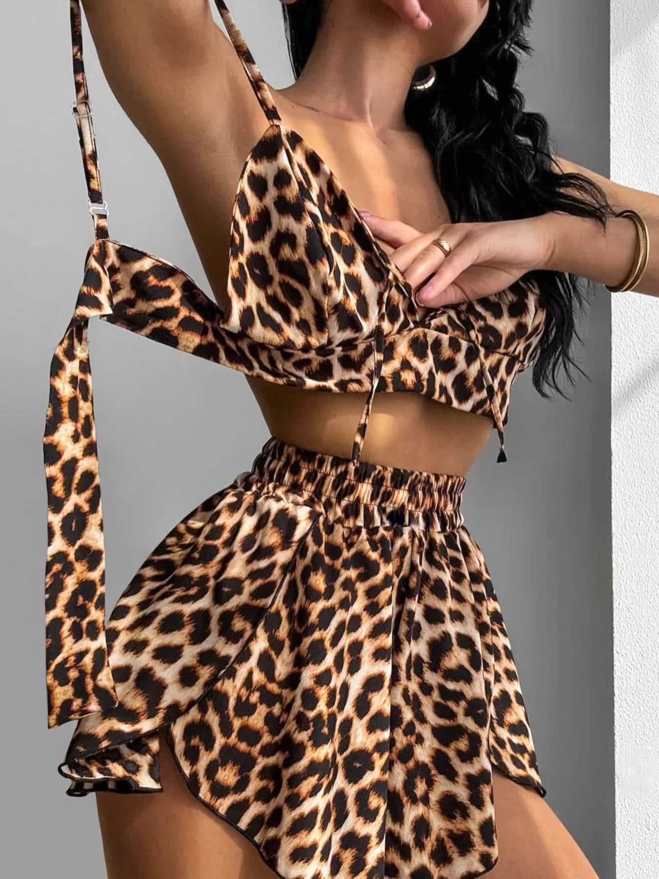 Leopard Cami & Cardigan and Shorts Three-Piece Lounge Set | Tigbuls