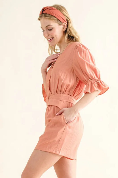 Flounce Sleeves Romper with Belt - Tigbul's Variety Fashion Shop