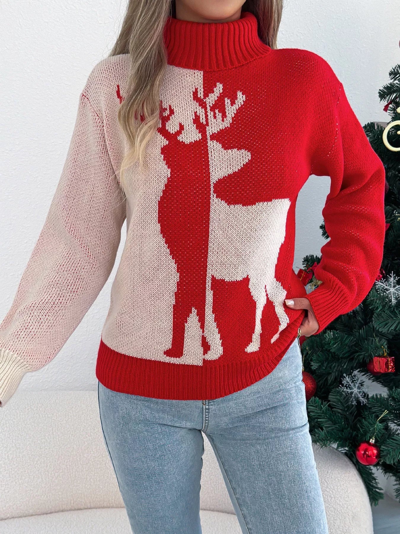 Christmas Reindeer Turtleneck Sweater - Tigbul's Variety Fashion Shop