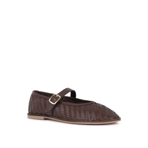 Brown woven leather ballerinas with buckle strap and low flat sole