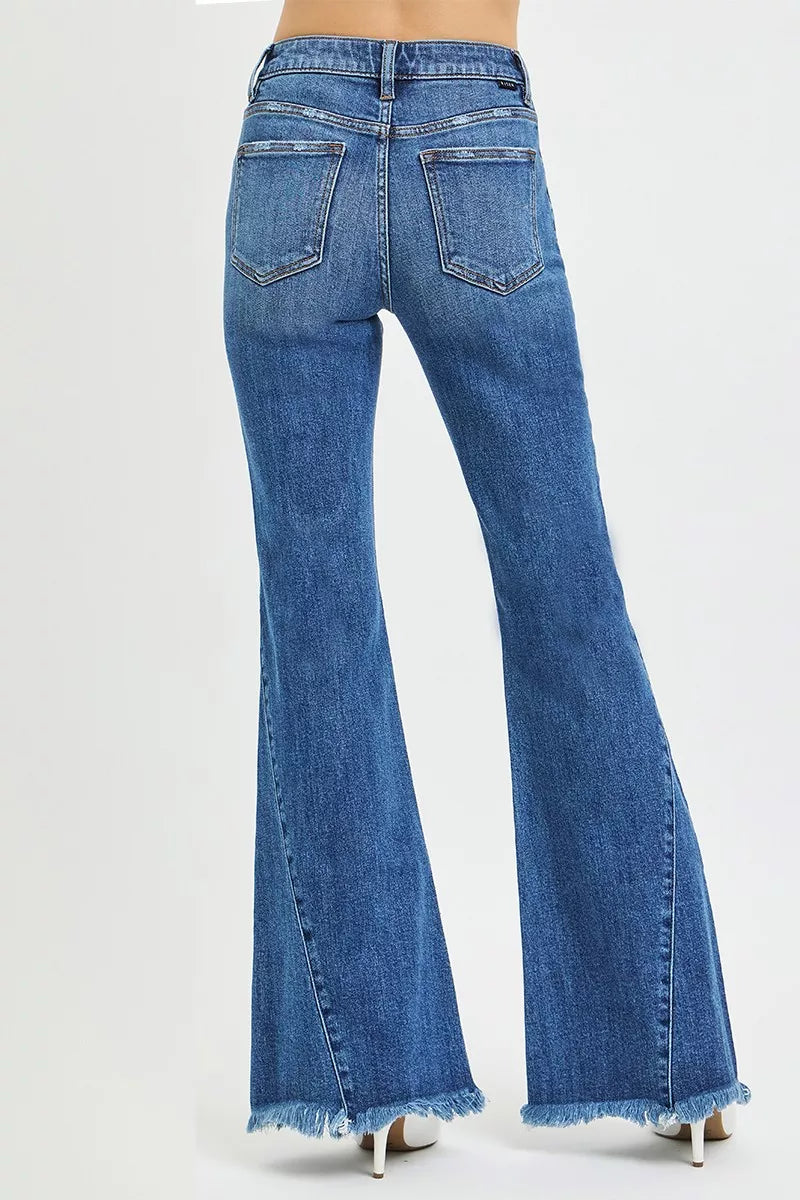Back view flare jeans, dark wash denim, button fly and back pockets