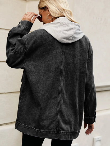 Oversized Button Up Denim Jacket with Hood - Tigbul's Variety Fashion Shop