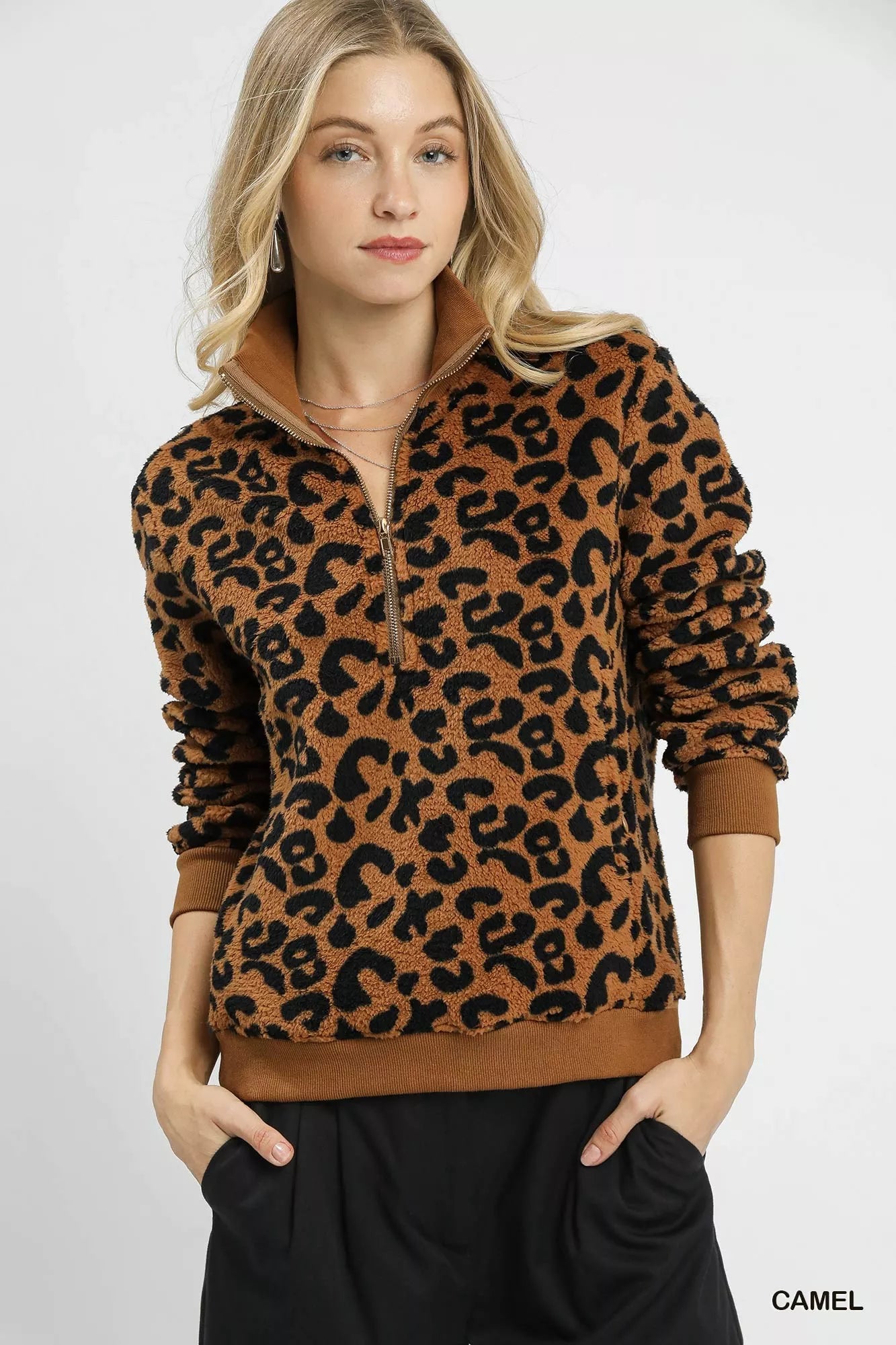 Umgee Leopard Print Quarter-Zip Sweatshirt - Tigbul's Variety Fashion Shop