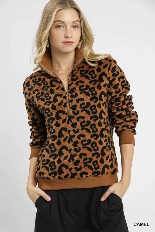 Umgee Leopard Print Quarter-Zip Sweatshirt - Tigbul's Variety Fashion Shop