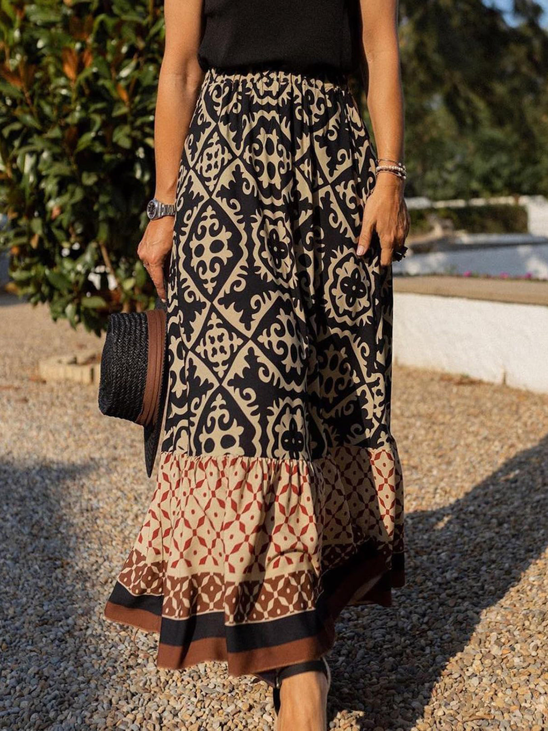 Geometric Elastic Waist Maxi Skirt - Tigbul's Variety Fashion Shop