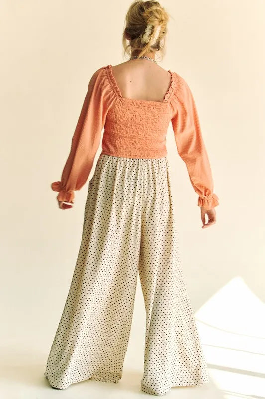 Peach Color Strap Front Corset Look Long Puff Sleeve Blouse - Tigbul's Variety Fashion Shop