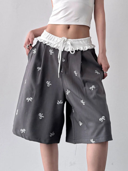 Bow Print Wide Leg Shorts with Contrast Ruffle Waistband - Tigbul's Variety Fashion Shop