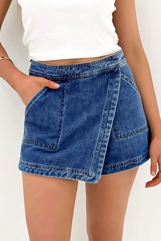 Asymmetrical Denim Skort with Pockets - Tigbul's Variety Fashion Shop