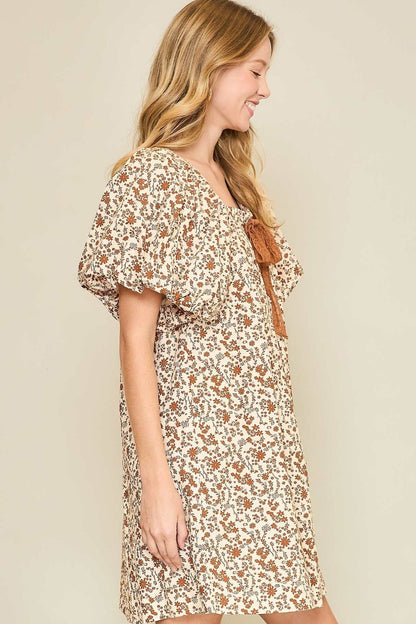 Umgee Full Size Lace Tape Drawstring Floral Puff Sleeve Mini Dress Plus Size - Tigbul's Variety Fashion Shop