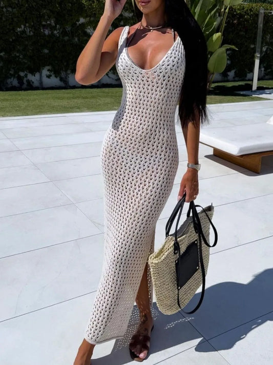Openwork Slit Sweater Maxi Dress - Tigbul's Variety Fashion Shop