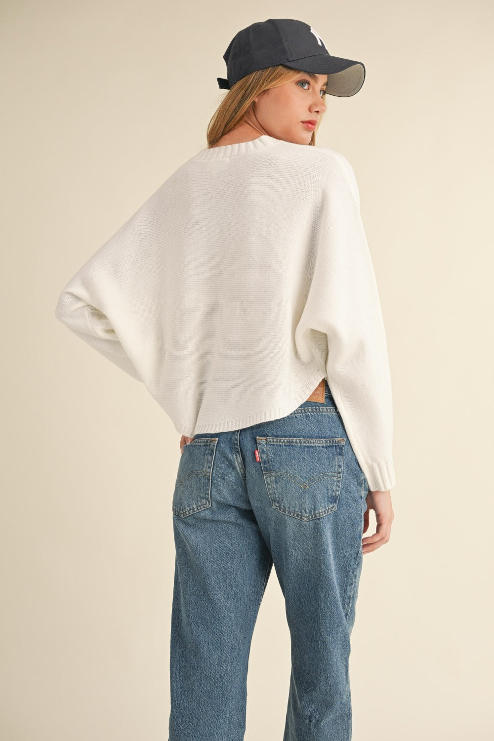 Off White Round Neck Dolman Sleeve Cropped Sweater - Tigbul's Variety Fashion Shop