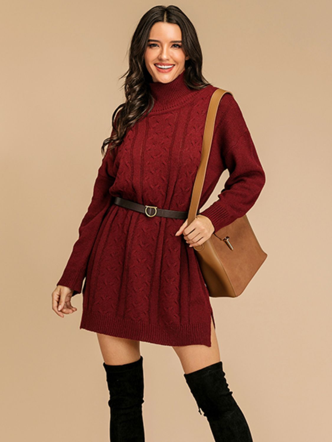 Perfee Slit Turtleneck Long Sleeve Mini Sweater Dress - Tigbul's Variety Fashion Shop