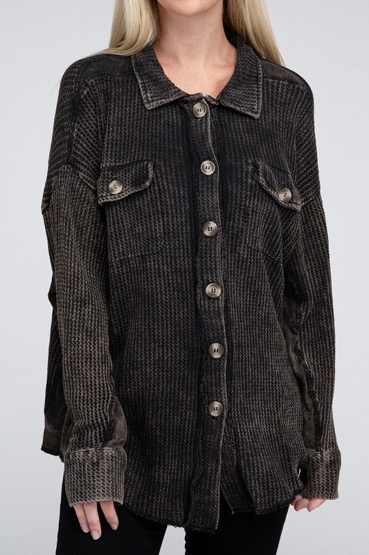 Ash Black Acid Wash Oversized Cotton Waffle Shirt - Tigbul's Variety Fashion Shop