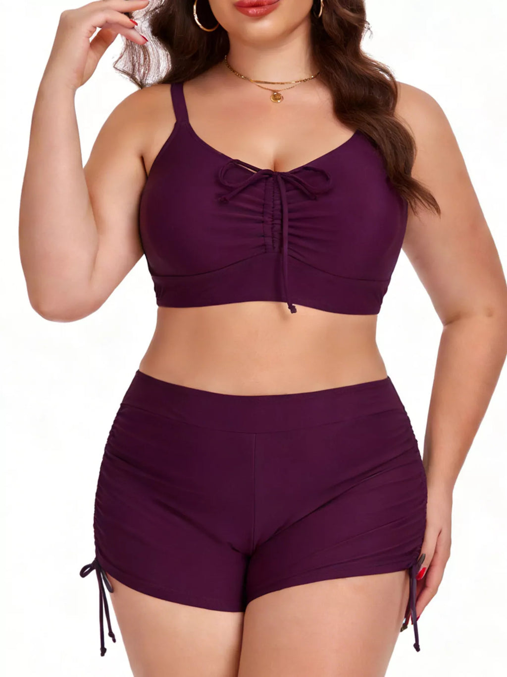 Deep purple plus size ruched swim set, front view with tie-front top and ruched swim shorts