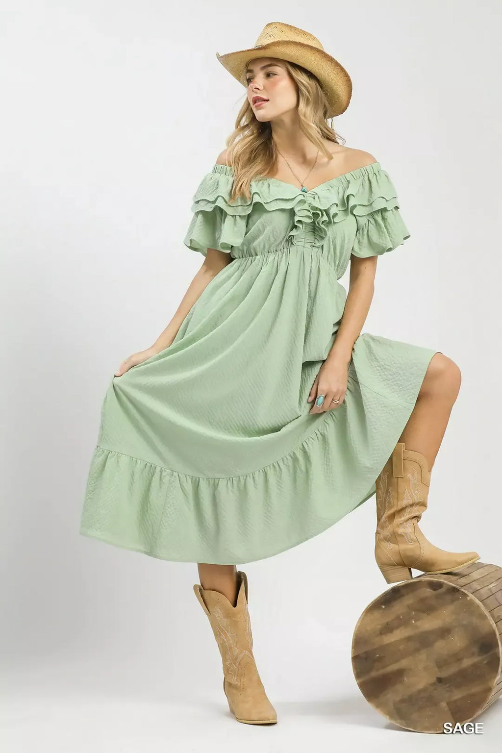 Umgee Textured Ruffle Midi Dress - Tigbul's Variety Fashion Shop