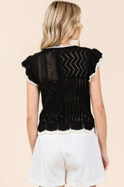 Black Openwork Contrast Trim Ruffled Cap Sleeve Knit Top - Tigbul's Variety Fashion Shop
