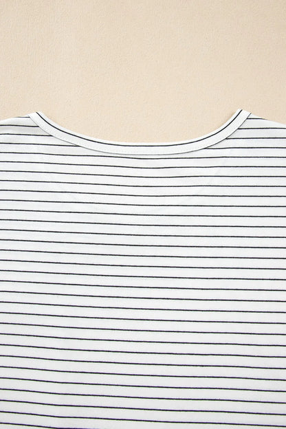 Stripe Cap Sleeve Crew Neck Casual Tee with Chest Pocket - Tigbul's Variety Fashion Shop