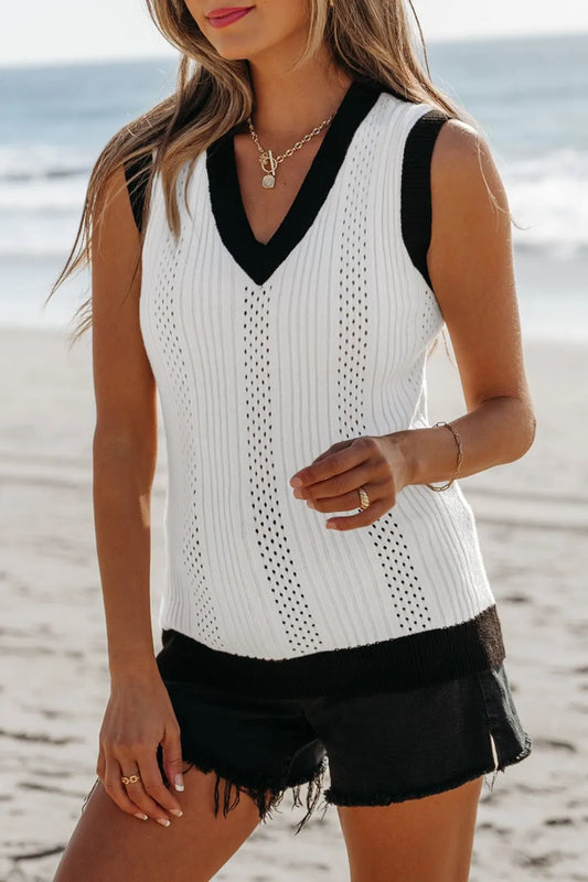 Contrast Trim Eyelet Knit V Neck White Sweater Vest - Tigbul's Variety Fashion Shop