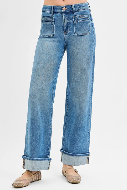 RISEN Elastic Band Mid Rise Wide Front Patch Pocket Cuff Jeans - Tigbul's Variety Fashion Shop