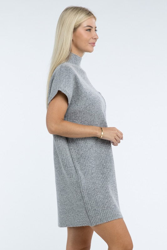 Mock Neck Short Sleeve Sweater Dress with Pocket - Tigbul's Variety Fashion Shop