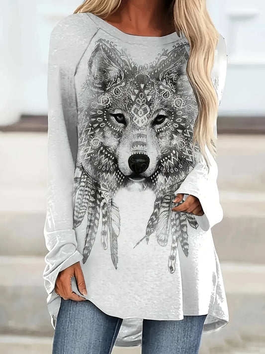 Bohemian Wolf Print Long Sleeve T-Shirt - Tigbul's Variety Fashion Shop