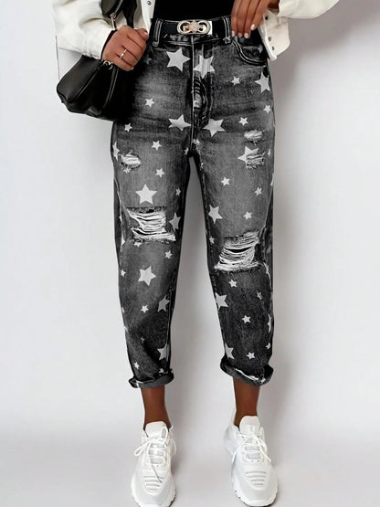 Star Print Distressed High Waist Boyfriend Jeans - Tigbul's Variety Fashion Shop