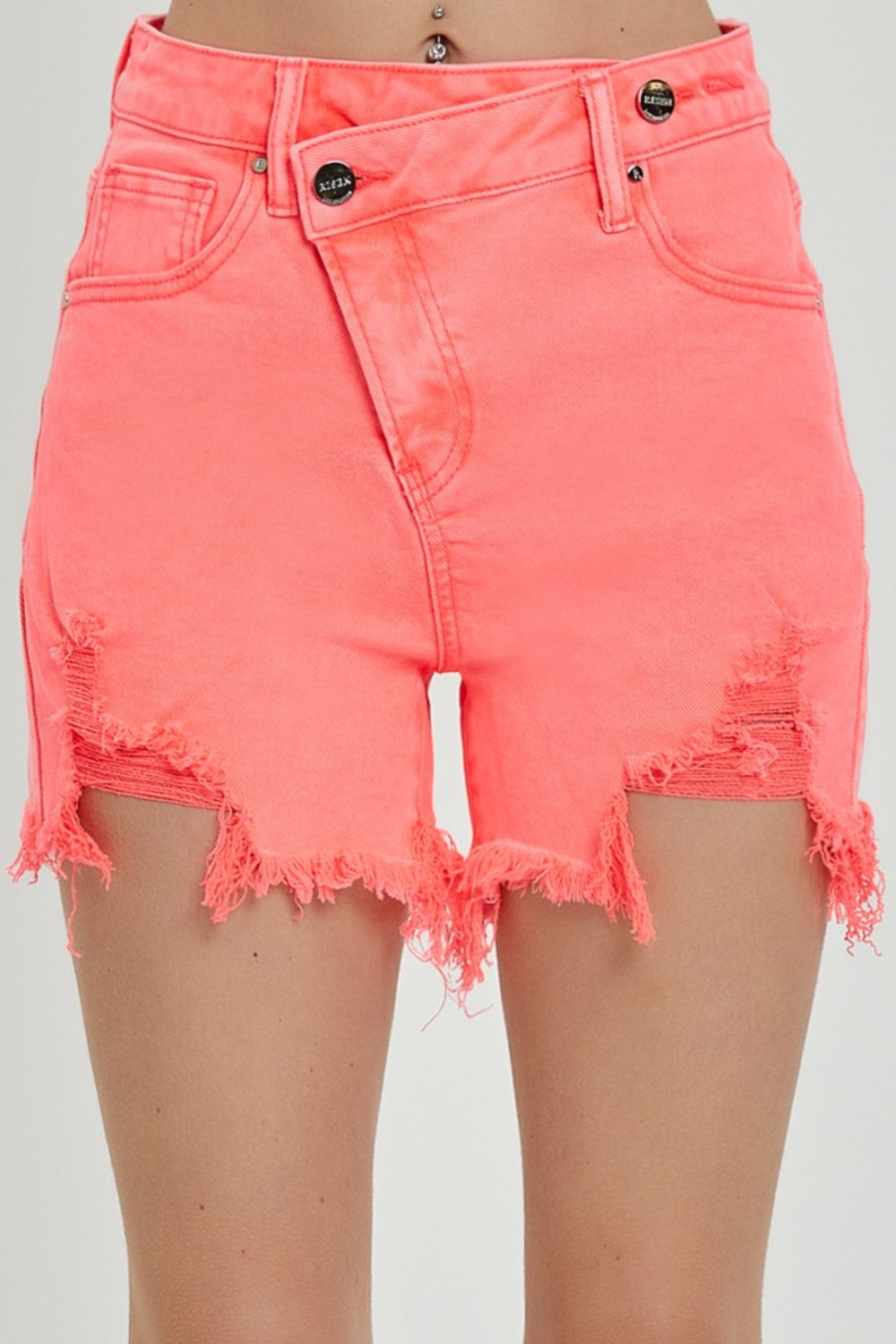 RISEN Raw Hem Asymmetrical Waist Denim Shorts - Tigbul's Variety Fashion Shop