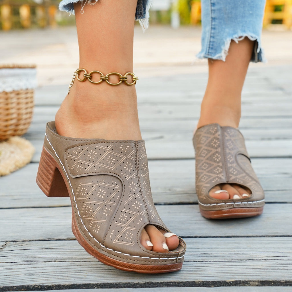 Tan peep-toe block-heel sandals, patterned side panels and open toe