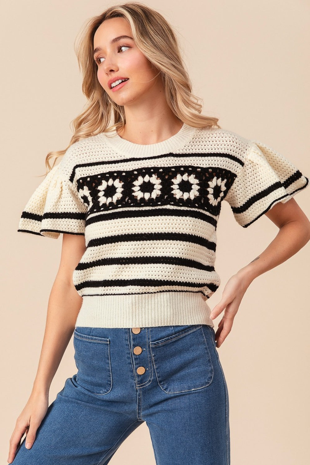 Granny Square Short Sleeve Striped Sweater - Tigbul's Variety Fashion Shop