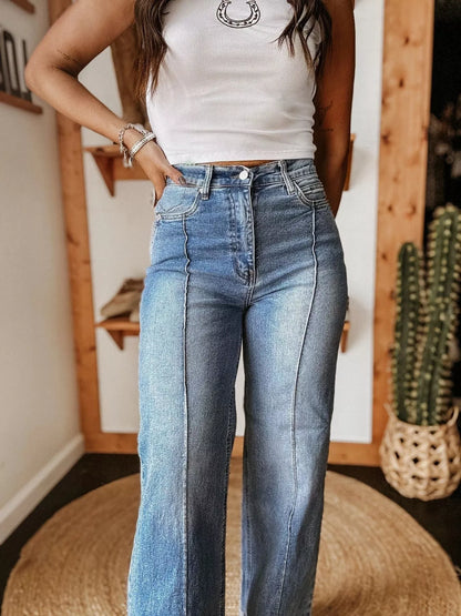 High-Waisted Wide Leg Cuffed Jeans - Tigbul's Variety Fashion Shop