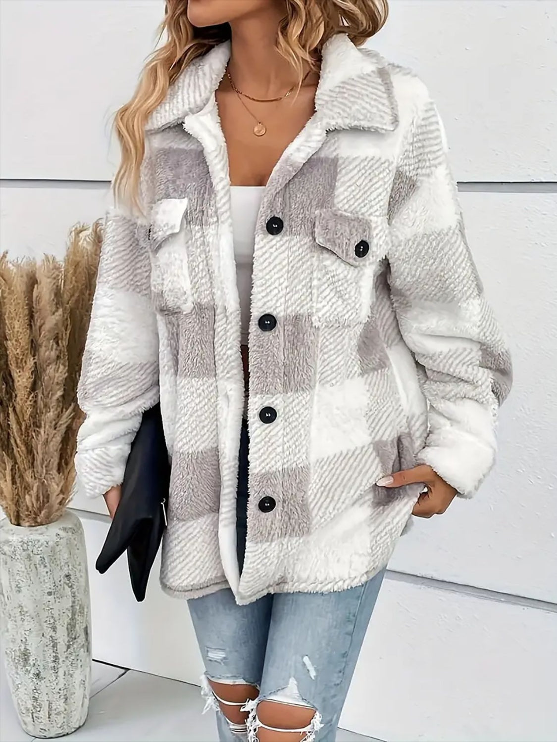 Plaid Dropped Shoulder Long Sleeve Plush Coat - Tigbul's Variety Fashion Shop