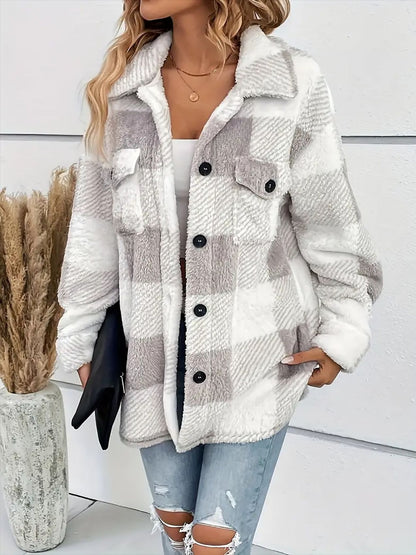 Plaid Dropped Shoulder Long Sleeve Plush Coat - Tigbul's Variety Fashion Shop