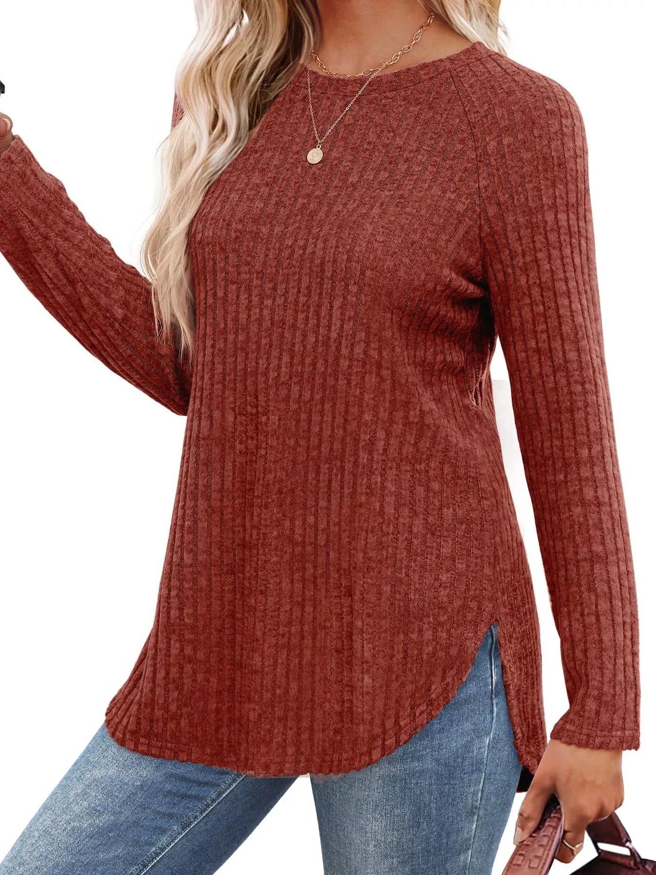 Ribbed Knit Long Sleeve T-Shirt - Tigbul's Variety Fashion Shop