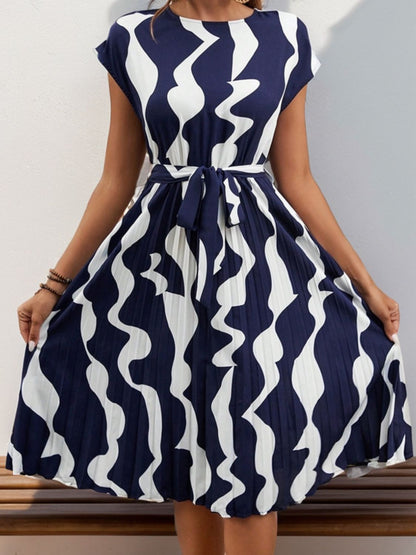 Tied Pleated Printed Cap Sleeve Dress - Tigbul's Variety Fashion Shop