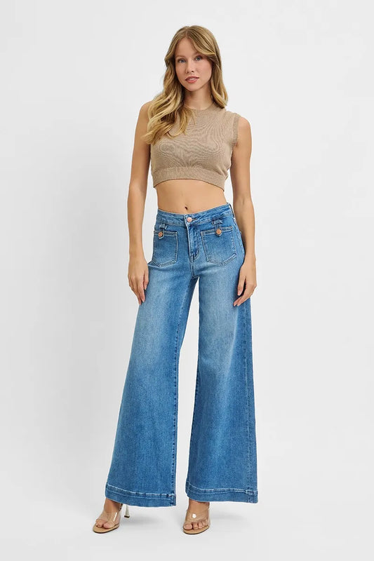 RISEN Full Size Mid Rise Wide Front Patch Pocket Jeans Plus Size - Tigbul's Variety Fashion Shop