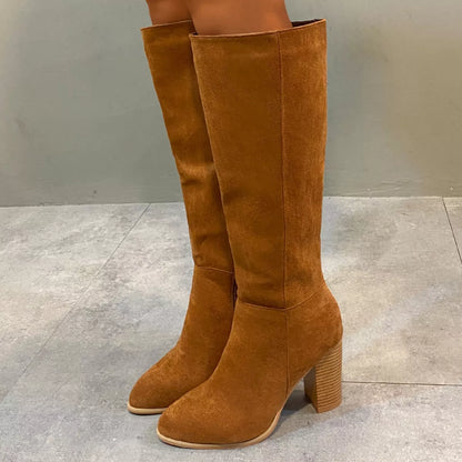 Point Toe Knee-High Suede Block Heel Boots - Tigbul's Variety Fashion Shop