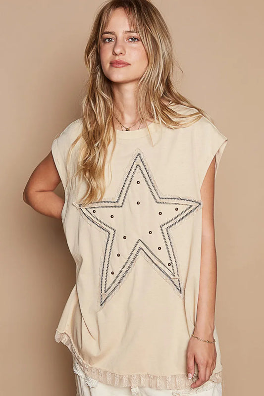 POL Star Patch Studded Sleeveless T-Shirt with Lace Hem - Tigbul's Variety Fashion Shop